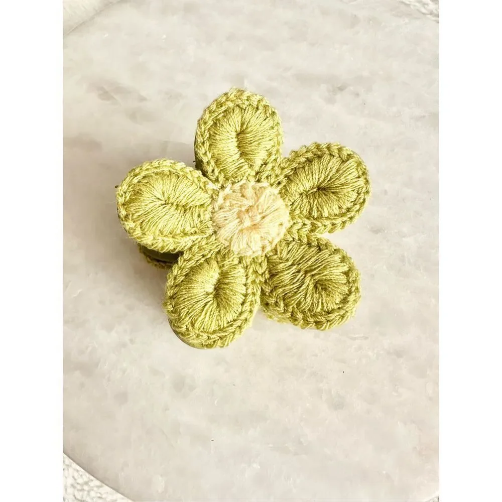 Iight green and yellow crochet flower hair claw